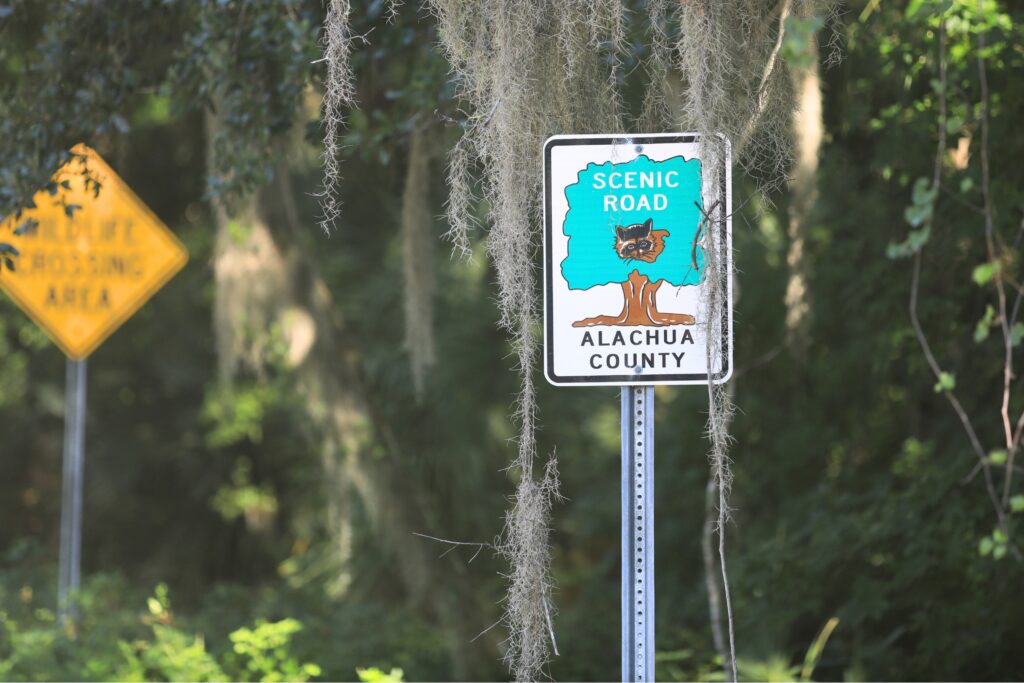 An Alachua County Scenic Road sign at the end of Tuscawilla Road in Micanopy. 