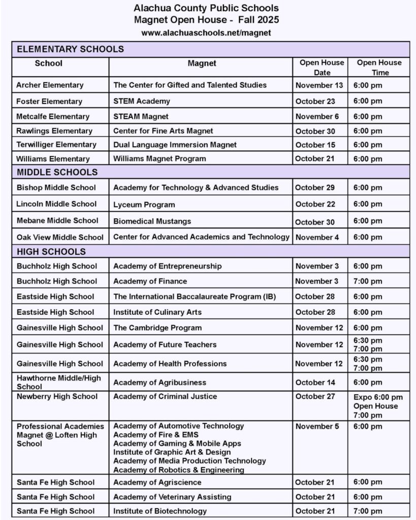 Alachua County Public Schools Magnet Open House - Fall 2025.