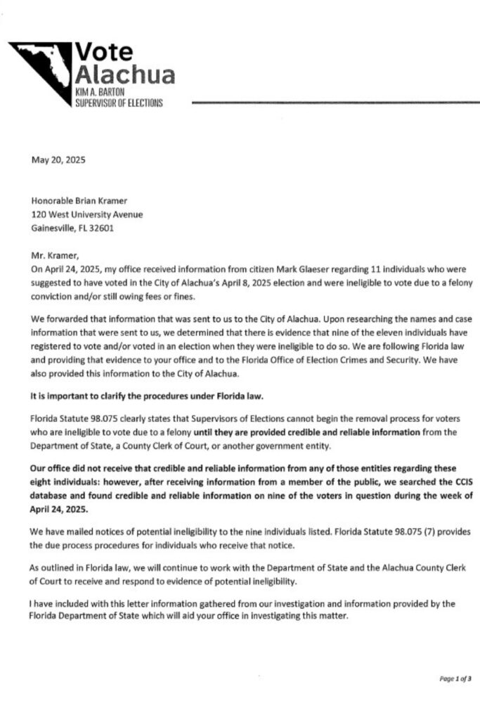 Alachua County Supervisor of Elections Kim Barton sends letter to State Attorney Brian Kramer validating probable cause for investigating the Alachua Nine page one.