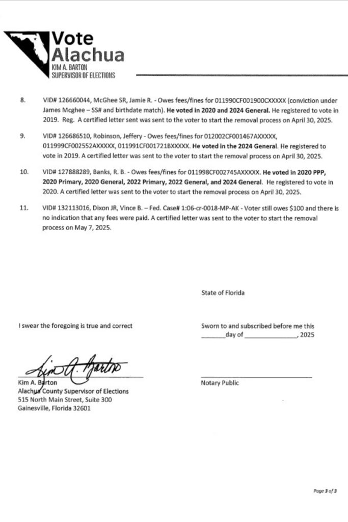 Alachua County Supervisor of Elections Kim Barton sends letter to State Attorney Brian Kramer validating probable cause for investigating the Alachua Nine page three.