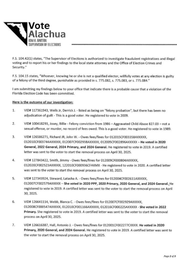 Alachua County Supervisor of Elections Kim Barton sends letter to State Attorney Brian Kramer validating probable cause for investigating the Alachua Nine page two.