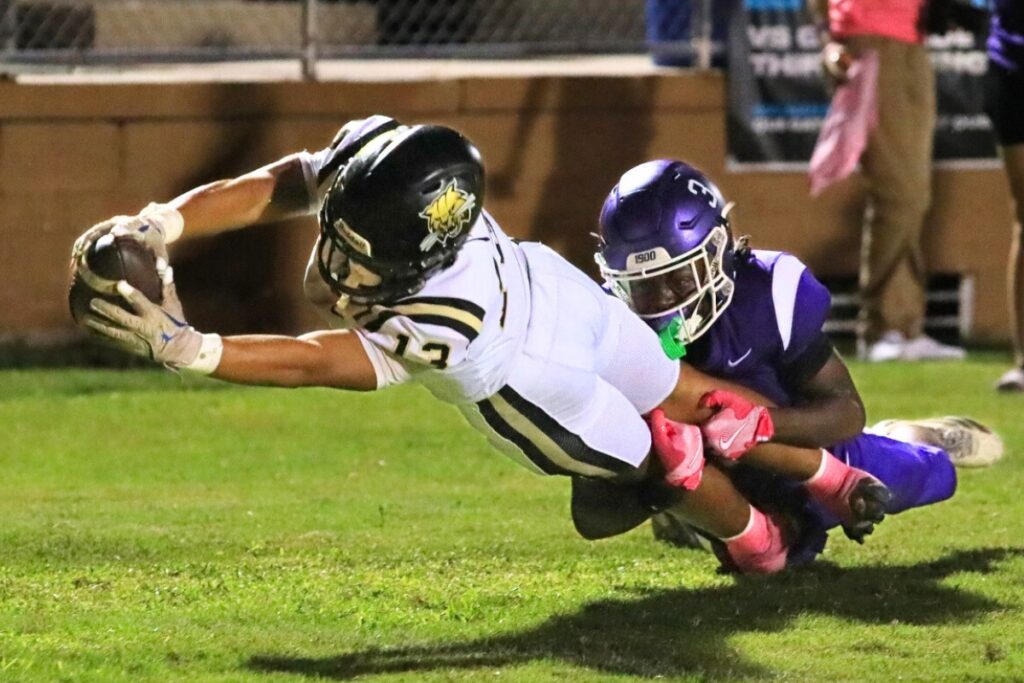 Buchholz's Justin Williams dives for the end zone to score the first touchdown of the game against Gainesville. Photo by Seth Johnson