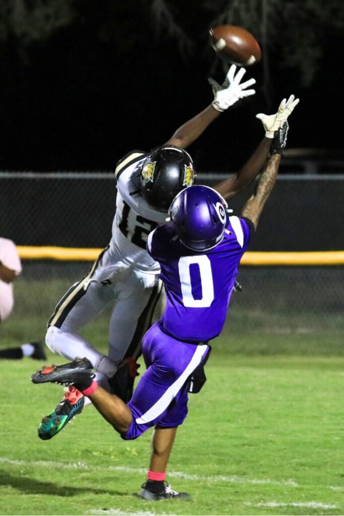 Buchholz's Marquel Brooks stretches for a catch, but tight coverage by Gainesville's Octavious Williams forces an incomplete pass. Photo by Seth Johnson