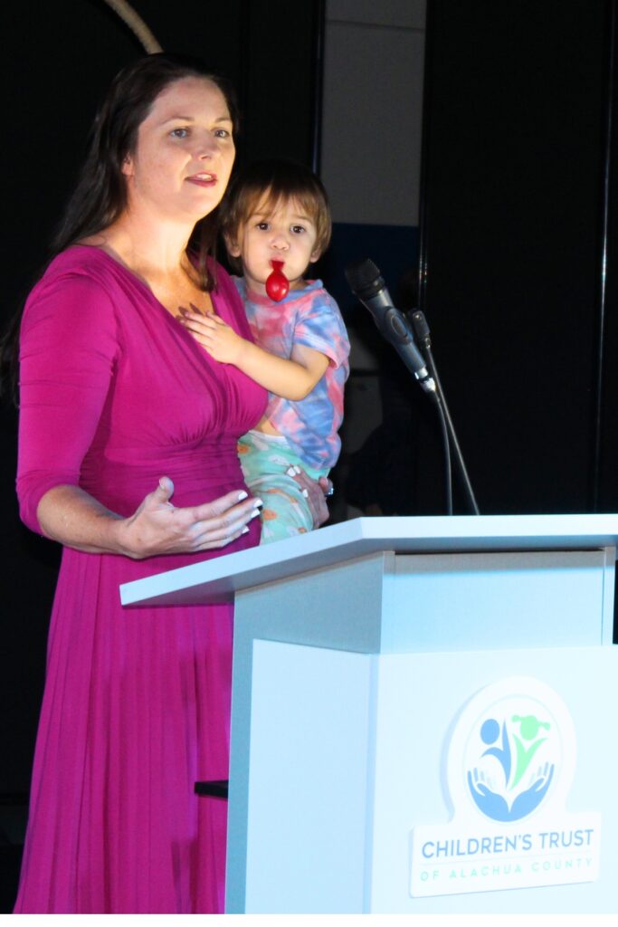 Dr. Corey Cheval, founder and director of the Gainesville Circus Center, speaks at Thursday's event. Photo by Nick Anschultz