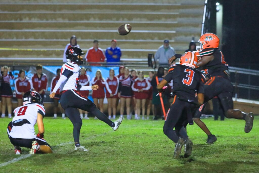 Eastside special teams blocks a South Sumter extra kick attempt to end the first half. Photo by Seth Johnson