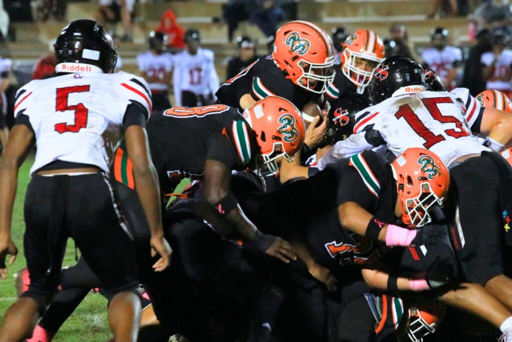Eastside's Nelson Tambling pushes behind his offensive line to pick up a first down against South Sumter. Photo by Seth Johnson
