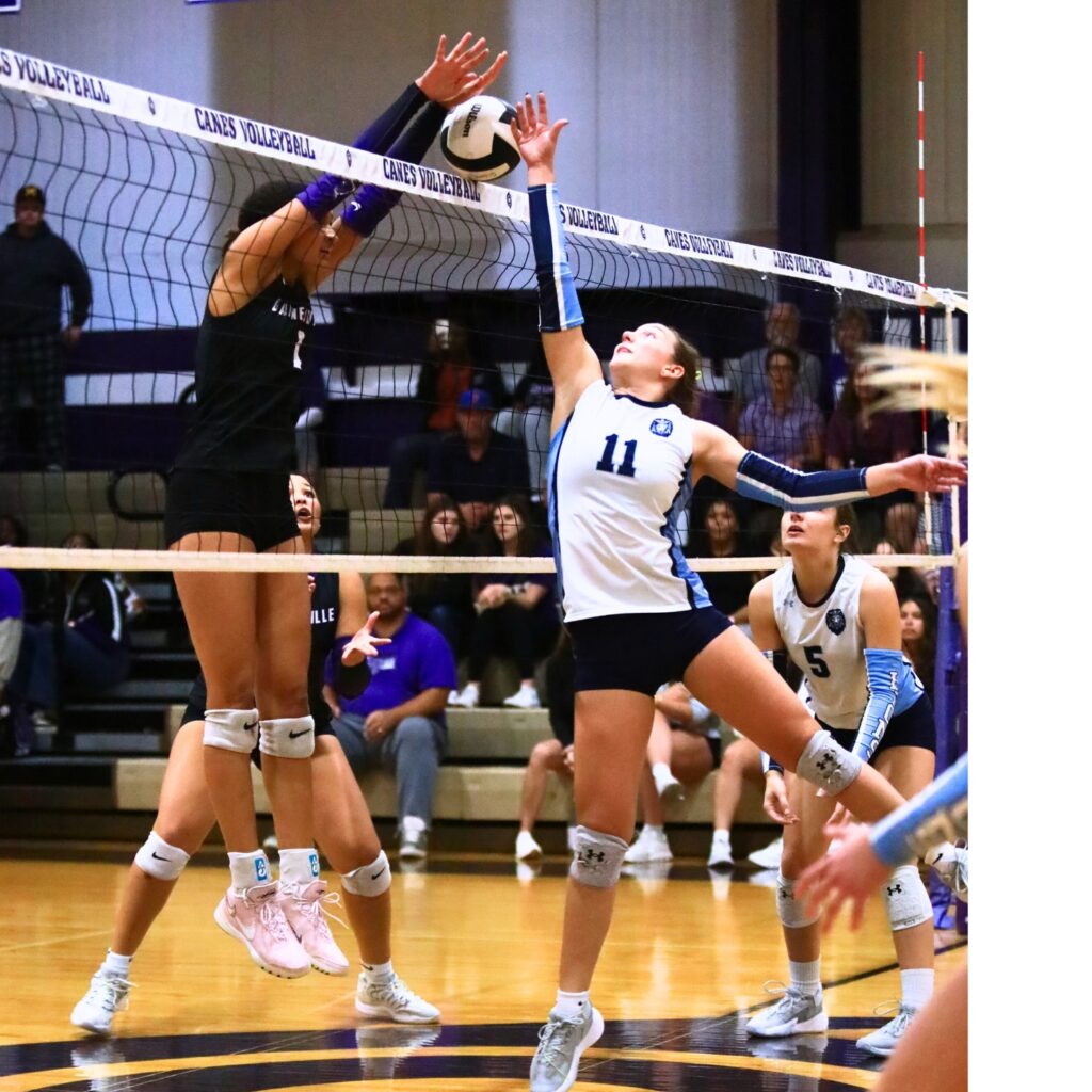 Gainesville's Jacey Carter-Mitchell (1) blocks a hit against Legacy (Port St. Lucie) in the Class 5A Region 2 Final. Photo by C.J. Gish