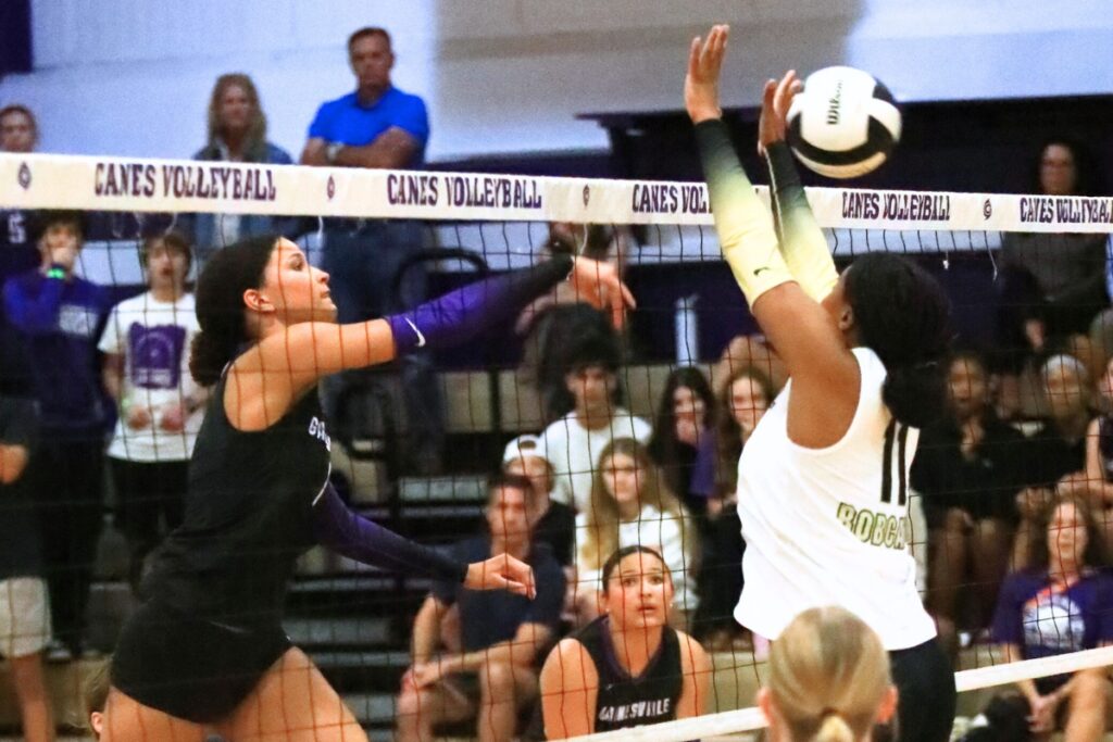 Gainesville's Jacey Carter-Mitchell (1) sneaks a hit past Buchholz's Demmi Strappy (11). Photo by C.J. Gish