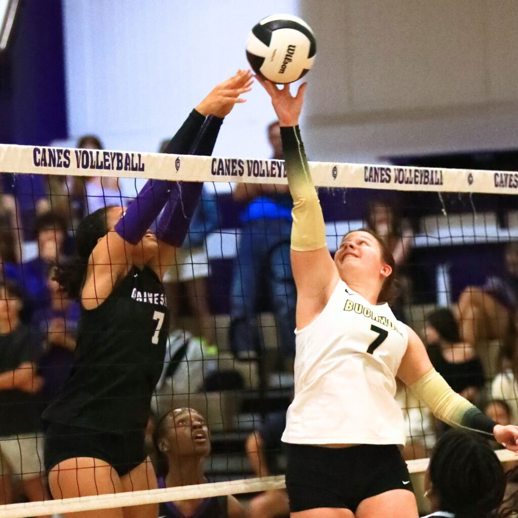 Gainesville's Jordyn Barnard (7) and Buchholz's Julia Almond (7) battle at the net. Photo by C.J. Gish