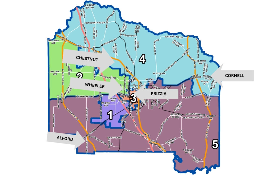 Map 8 would largely keep incumbents in separate districts while eliminating all but two split precincts. Courtesy Alachua County