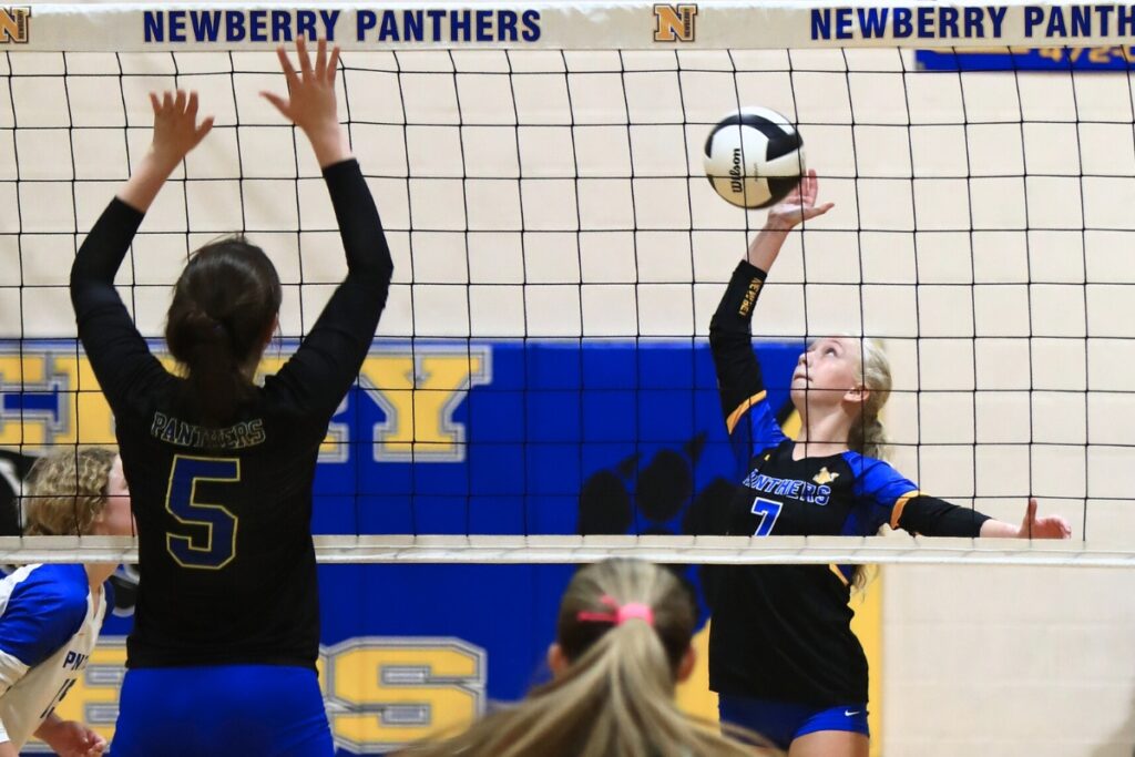 Newberry's Meadow Moses (7) with a hit against Palatka in the Class 3A-District 5 Semifinals. Photo by C.J. Gish