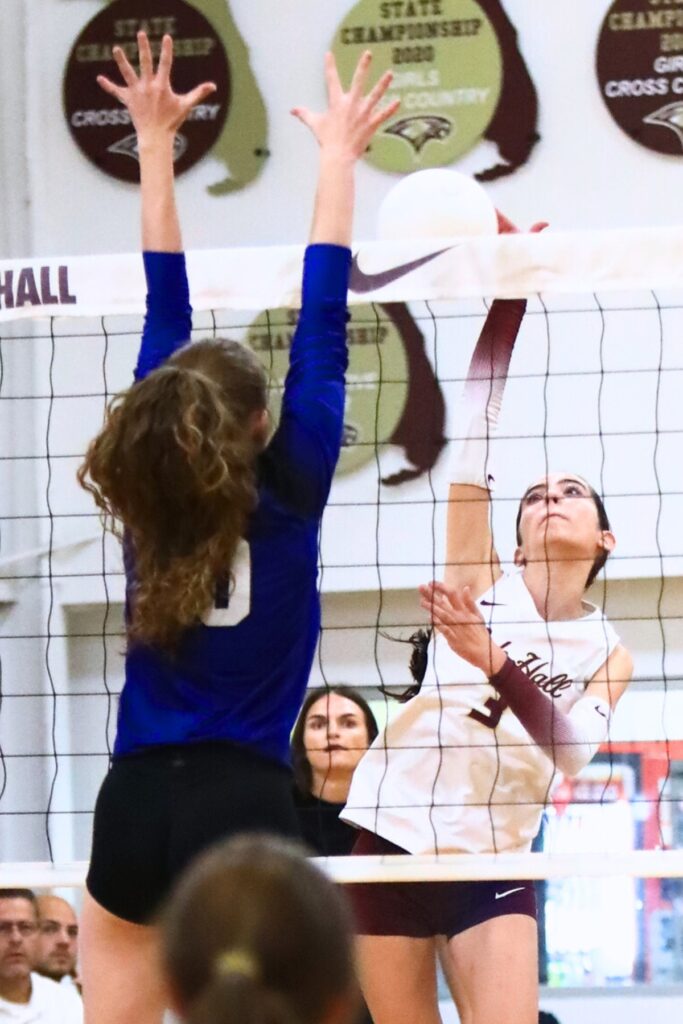 Oak Hall's Kaitlin Allen (3) battles at the net with Saint Francis Catholic's Hannah Ulmer (10). Photo by C.J. Gish
