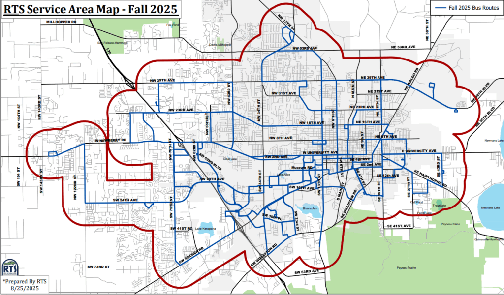 RTS will provide paratransit service within the red boundary (three-quarters of a mile from a bus route) starting in March. Courtesy city of Gainesville