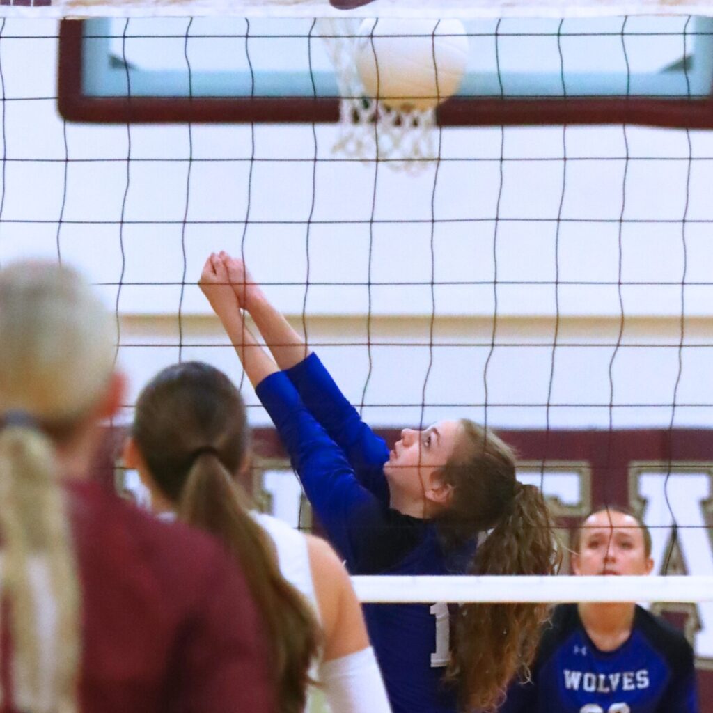Saint Francis Catholic's Hannah Ulmer (10) with a dig against Oak Hall. Photo by C.J. Gish