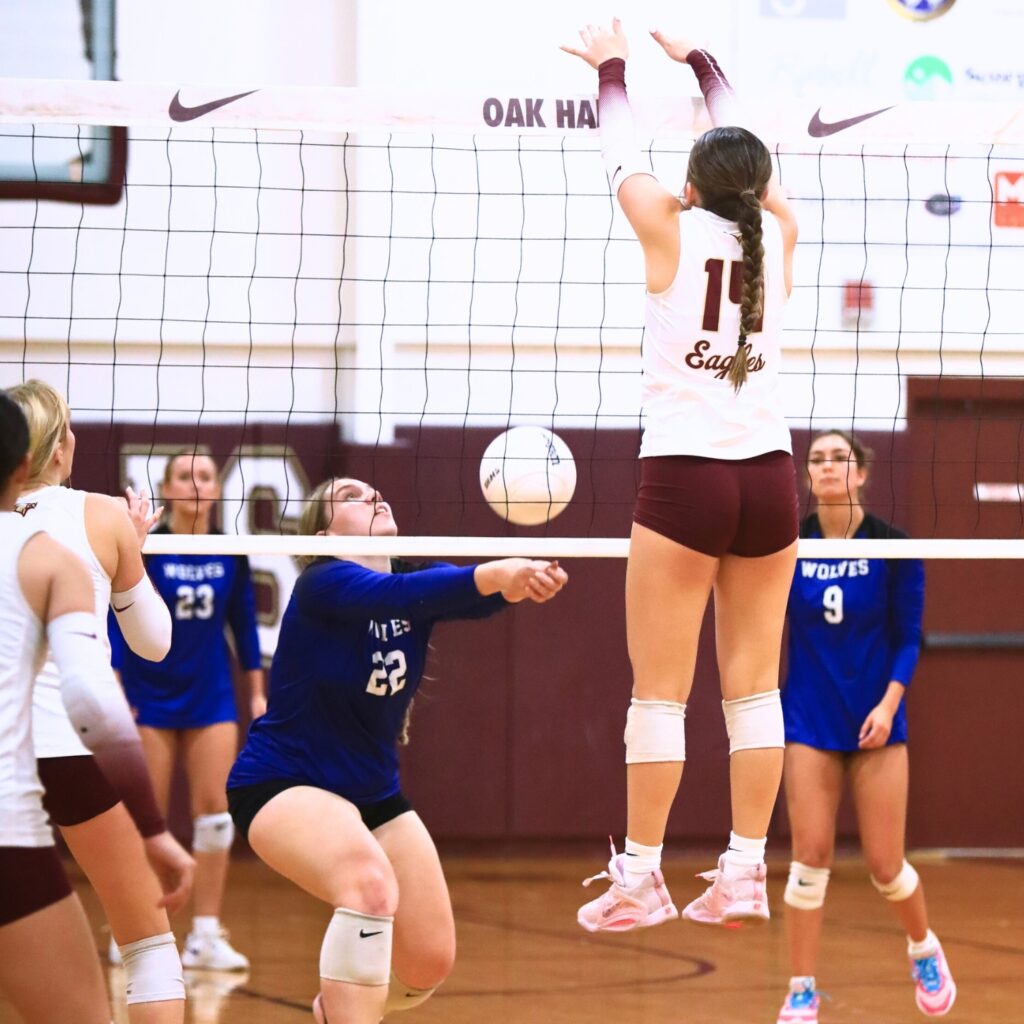 Saint Francis Catholic's Morgan Ritten (22) with a dig against Oak Hall's Kendylle Bishop (14). Photo by C.J. Gish