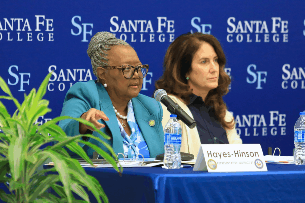 State Rep. Yvonne Hayes-Hinson asks a question at the Alachua County Legislative Delegation meeting. Photo by Seth Johnson