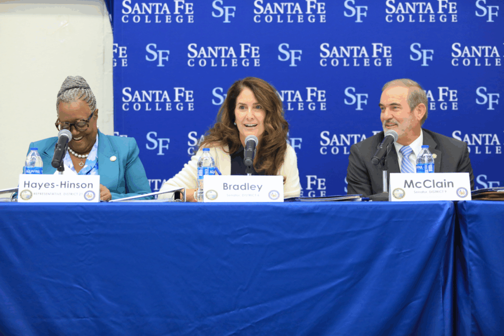 State Sen. Jennifer Bradley speaks at Alachua County's local delegation meeting. Photo by Seth Johnson
