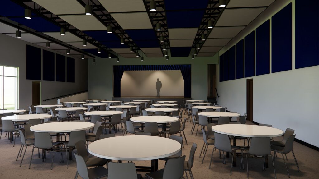 The cafeteria space of the building will include a dining area with seating for up to 200 students per lunch period