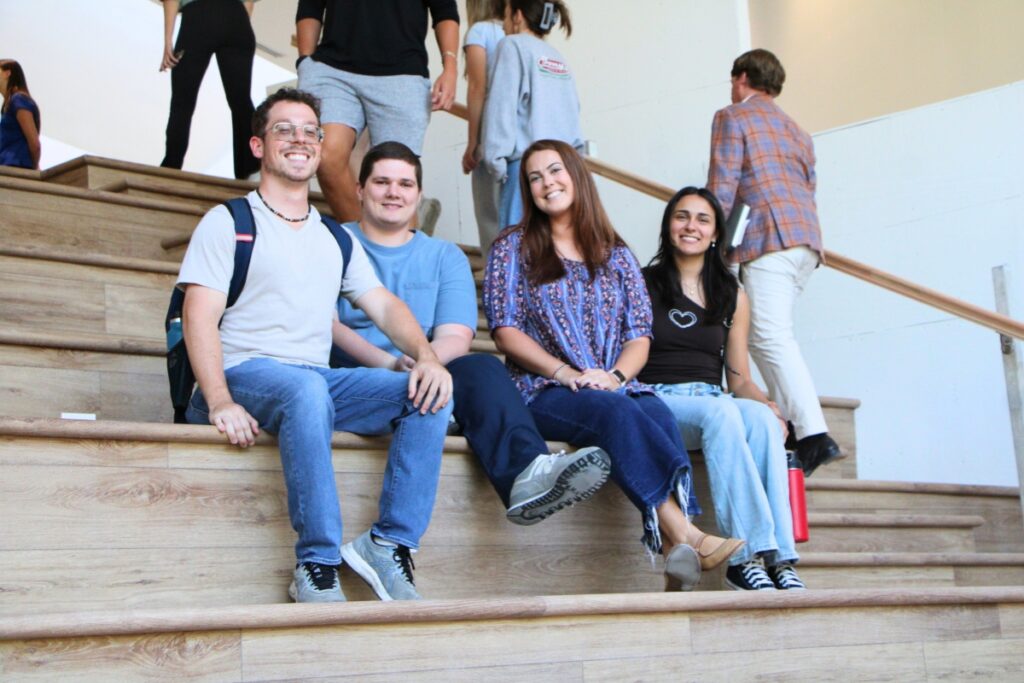 UF students tour the new Ramos Collaboratory's Multipurpose Hall which offers a venue for lectures, symposia and professional events with capacity for up to 200 participants. Photo by Lillian Hamm