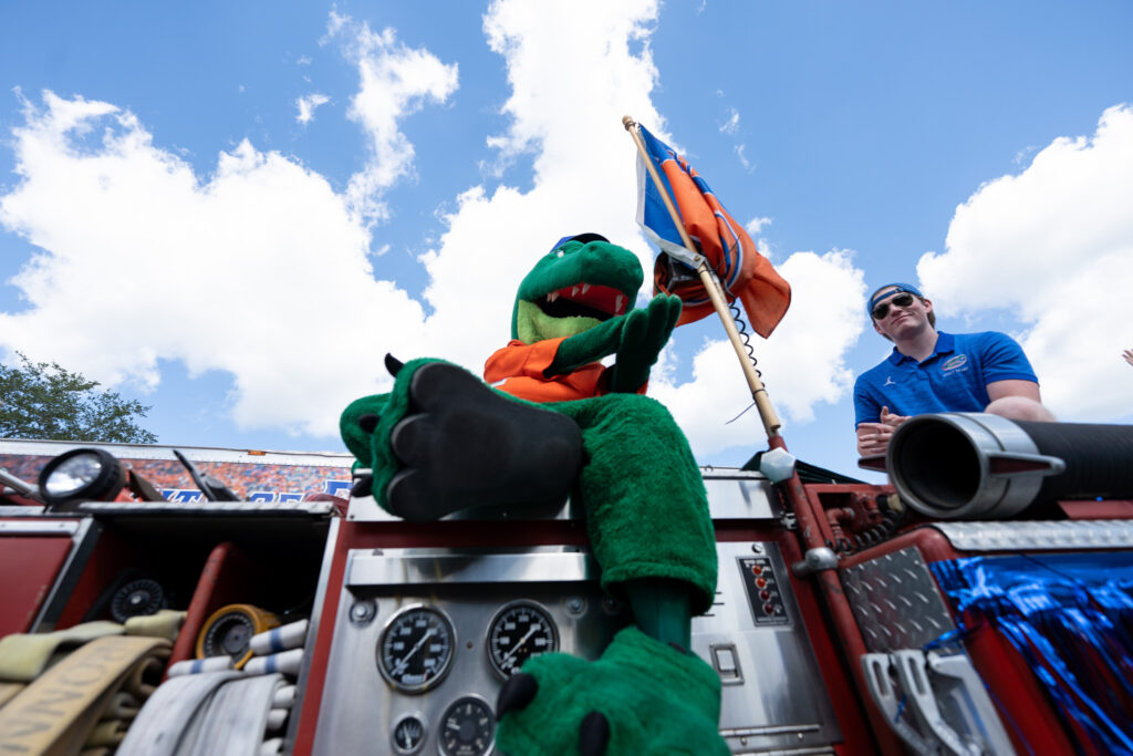 UF's Albert the Alligator atop a fire engine during the UF Homecoming Parade