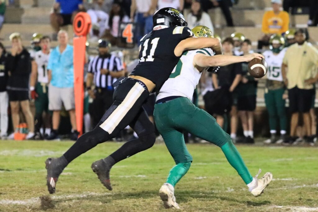 Buchholz's Evan Amar (11) with a fourth-down sack against Nease (Ponte Vedra) in the Class 6A-Region 1 Semifinals. Photo by Seth Johnson
