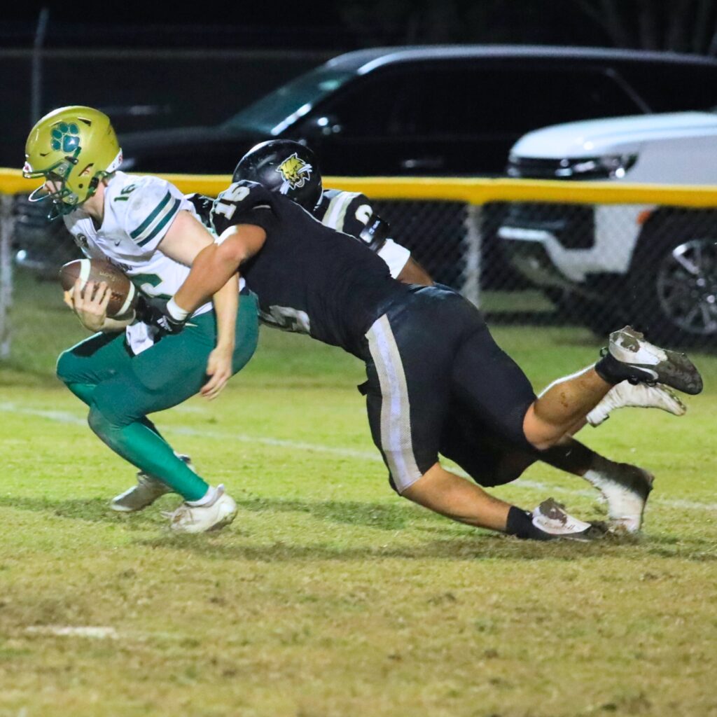 Buchholz's Evan Walker (15) and Amir Sheppard (0) with a sack against Nease (Ponte Vedra) in the Class 6A-Region 1 Semifinals. Photo by Seth Johnson