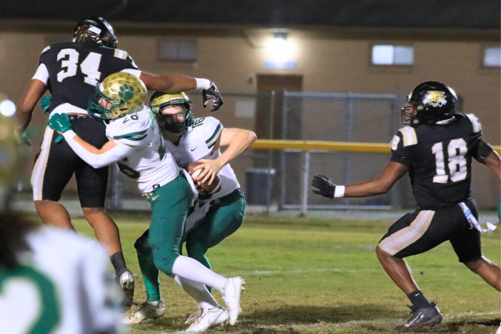 Buchholz's Jayvyn Wiliams (34) and Amaris Bryant (18) pressure the Nease (Ponte Vedre) quarterback for a loss in the Class 6A-Region 1 Semifinals. Photo by Seth Johnson