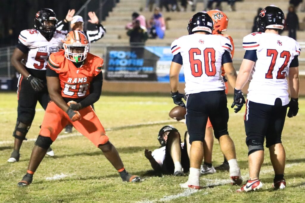 Eastside's Chad Hall (50) celebrates his second sack in the third quarter against South Sumter in the Region 2-3A Quarterfinals. Photo by C.J. Gish