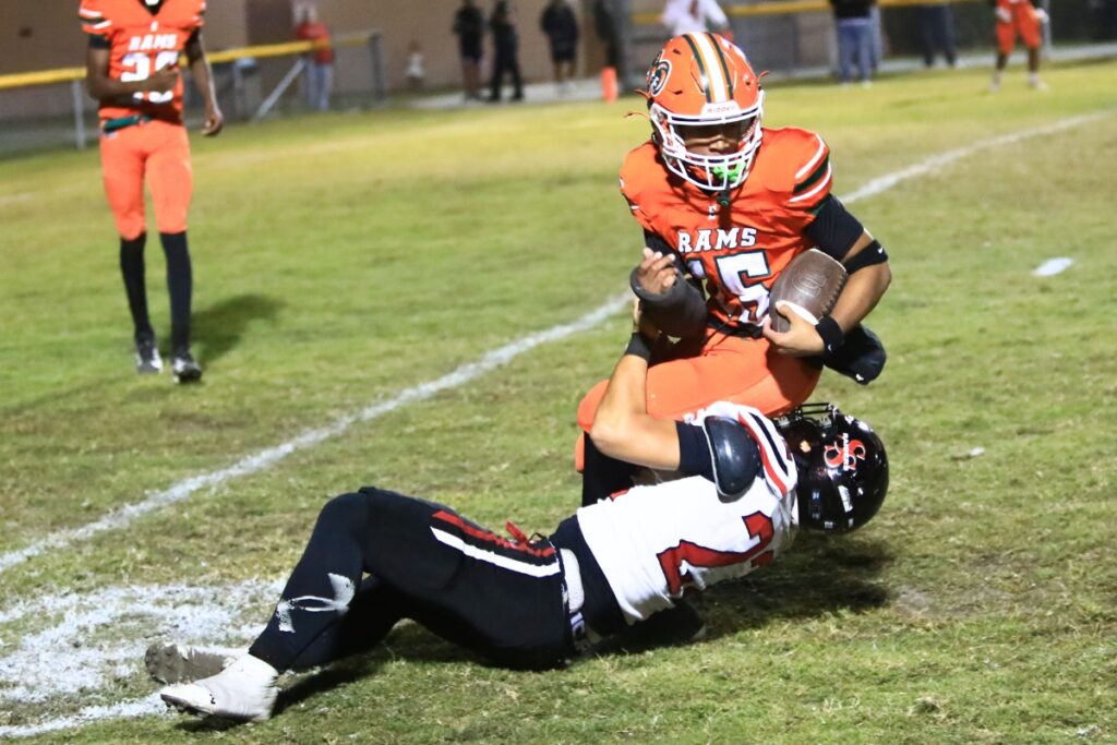 Eastside's Jayce Stark (15) with a fourth-quarter interception against South Sumter in the Region 2-3A Quarterfinals. Photo by C.J. Gish