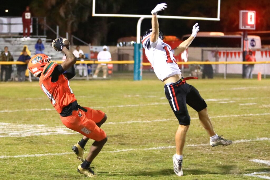 Eastside's Kaleb Mckinnon (13) hauls in a third-quarter reception against South Sumter in the Region 2-3A Quarterfinals. Photo by C.J. Gish