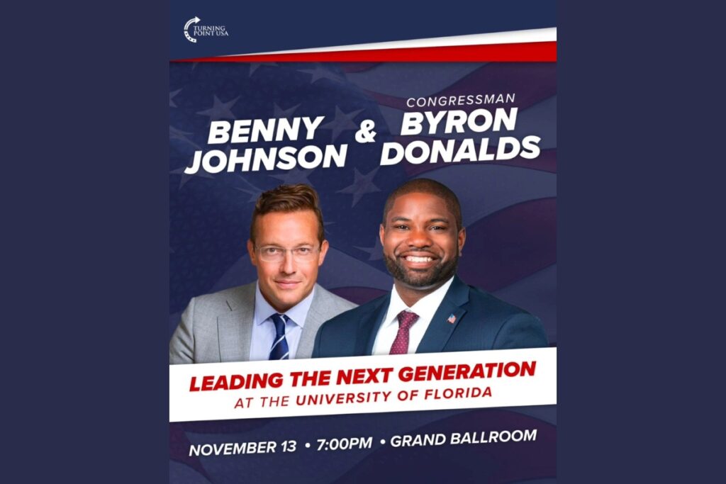 Florida Congressman Byron Donalds and conservative commentator Benny Johnson will headline “Leading the Next Generation at the University of Florida” on Thursday, Nov. 13.  Courtesy Turning Point