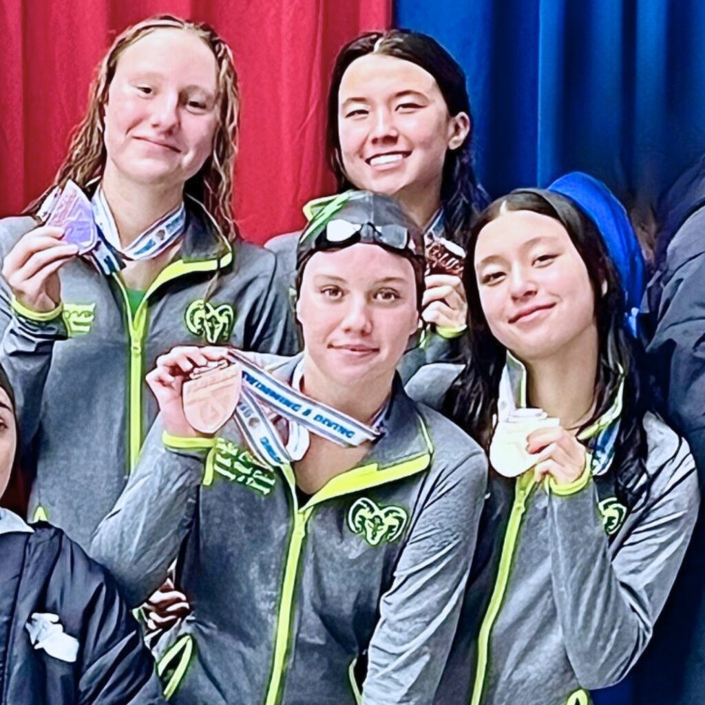 (From upper left clockwise) Eastside's Juliette Bruijnzeel, Elisa Panna, Grace Panna and Sofia Chubina took third place in the 200-yard freestyle relay and fourth in the 400 freestyle relay.