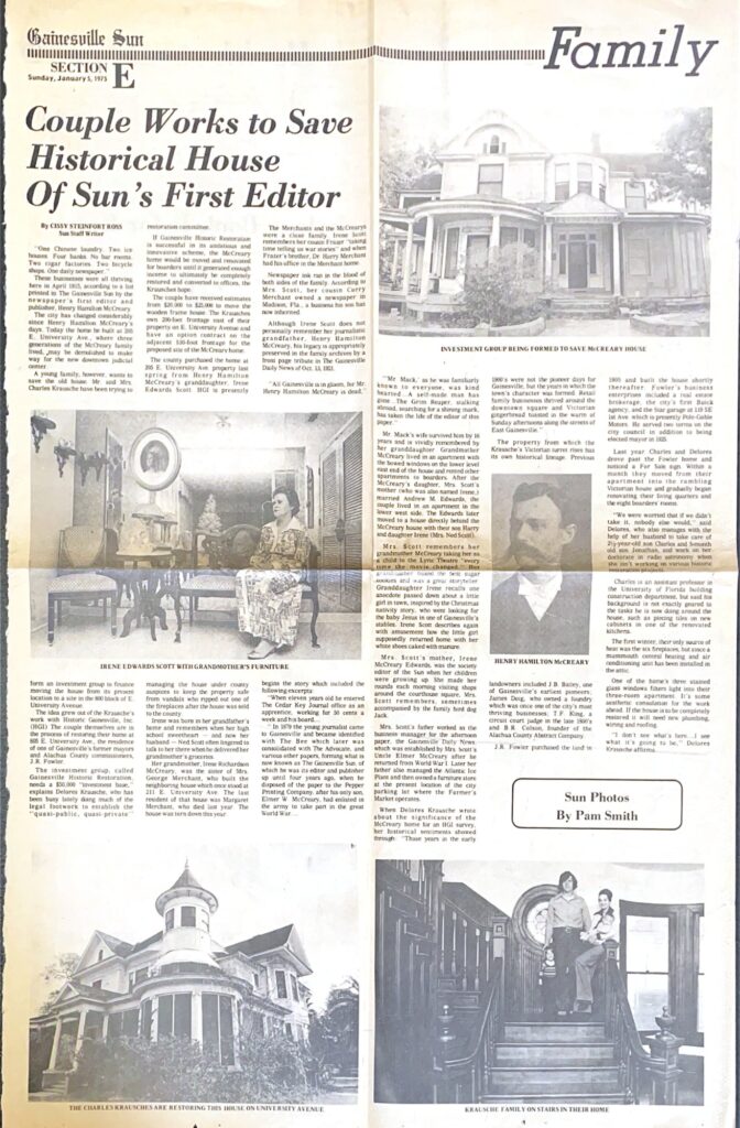 A Gainesville Sun article from 1975 highlights efforts to save the McCreary House. 