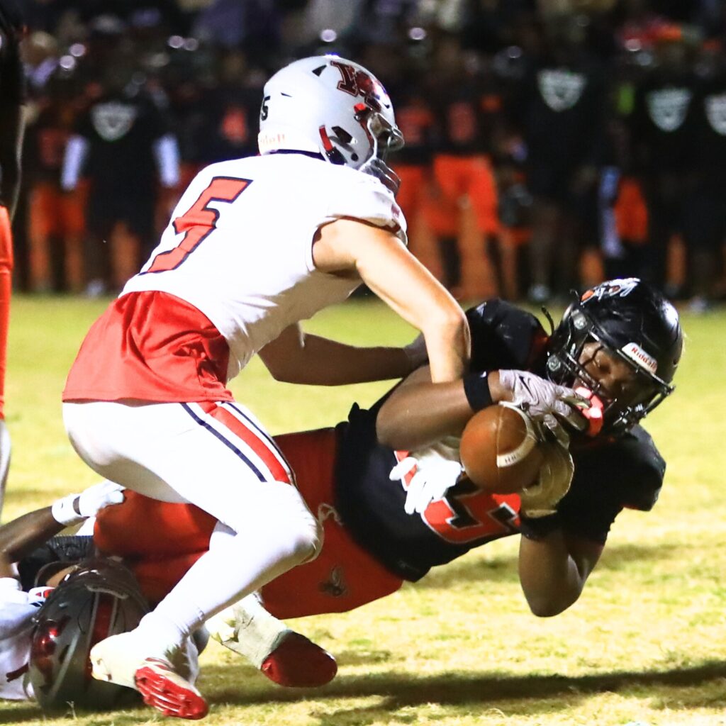 Hawthorne's Derryek Gillins (24) plunges forward for a third-quarter touchdown against Williston in the Rural-Region 4 Final. Photo by C.J. Gish