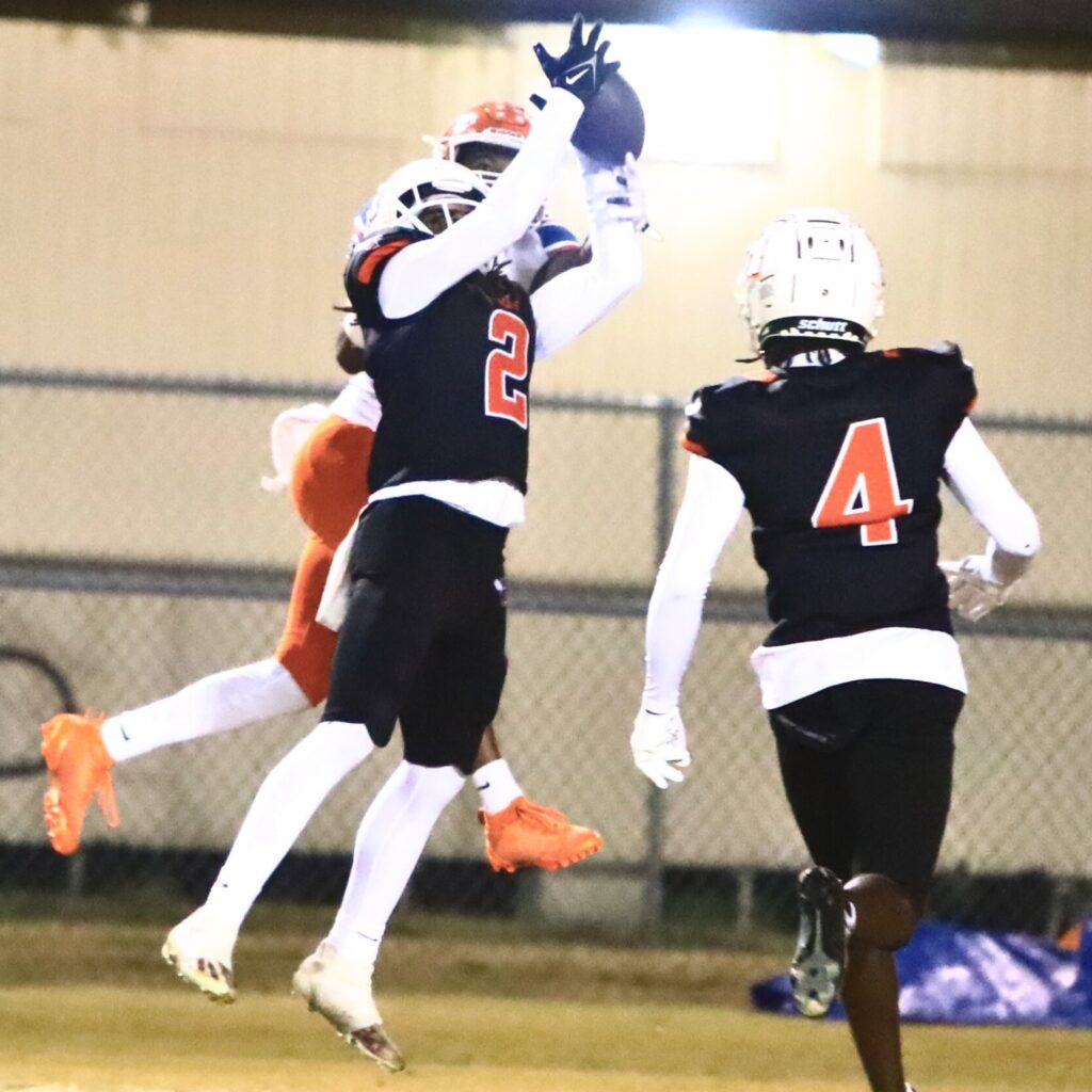 Hawthorne's Nathan Jennings with a second-quarter interception against Branford in the Rural Regional Semifinals. Photo by C.J. Gish
