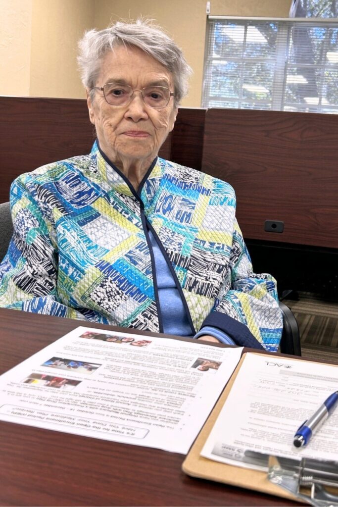 Ninety-three-year-old June Sassaman is seeking Medicare assistance from SHINE volunteers at the Elder Options office in Gainesville. Photo by Ronnie Lovler