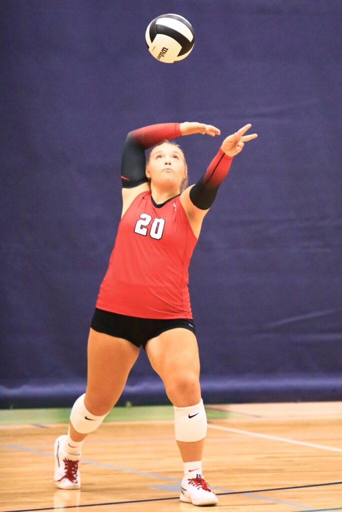 Santa Fe's Morgan Lawson (20) led the Raiders with 42 aces and added 193 digs in her senior season. Photo by C.J. Gish