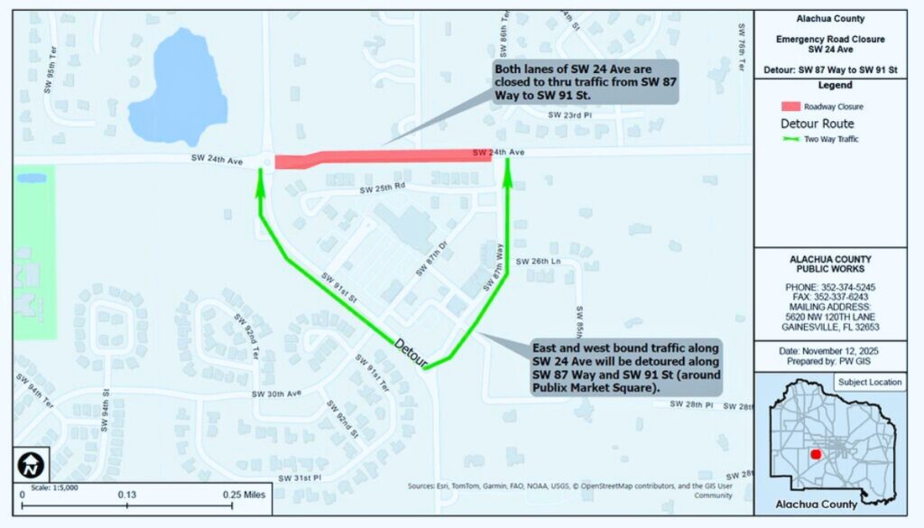 The Alachua County Public Works Department announced an emergency road closure on SW 24th Avenue between SW 91st Street and SW 87th Way due to a minor sinkhole opening. Courtesy of Alachua County