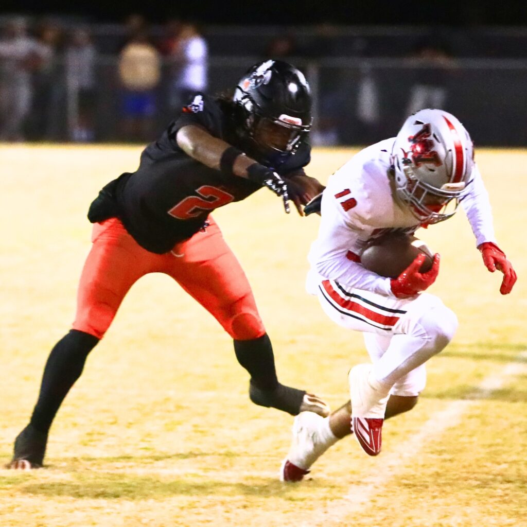 Williston's Raul Alvarez (18) gets pushed out of bounds by Hawthorne's Nathan Jennings (2) in the Rural-Region 4 Final. Photo by C.J. Gish