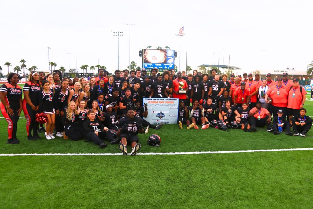 Fort White celebrates after a 32-29 win against Port St. Joe in the Rural Florida Invitation Tournament Championship game. Photo by C.J. Gish