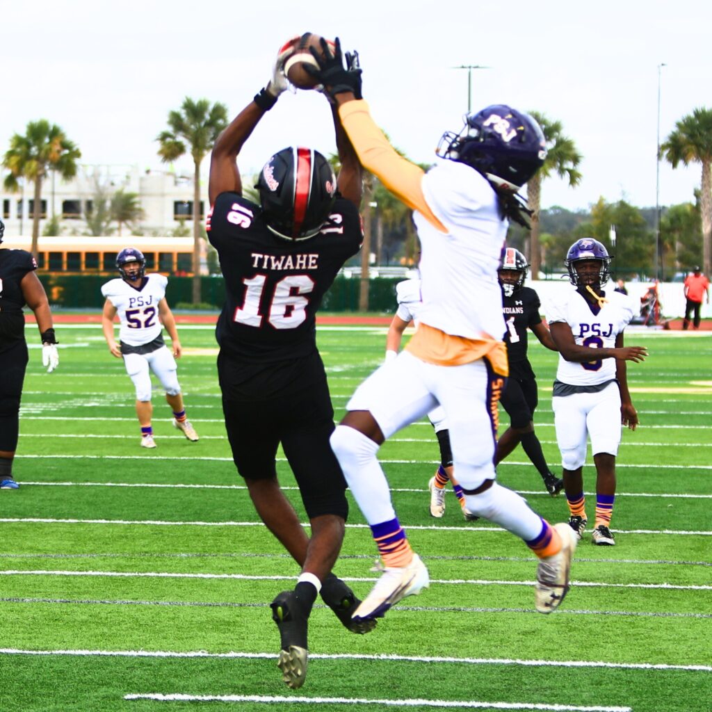Fort White's Desean Lally (16) with a first-quarter touchdown reception against Port St. Joe in the Rural Florida Invitation Tournament Championship game. Photo by C.J. Gish