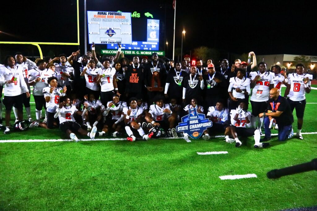 Hawthorne celebrates after the Hornets' win against Blountstown in the FHSAA Rural State Championship game. Photo by C.J. Gish