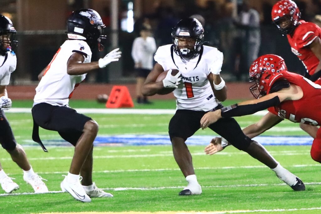 Hawthorne's Darian Bowe (1) on a third-quarter punt return against Blountstown in the FHSAA Rural State Championship game. Photo by C.J. Gish