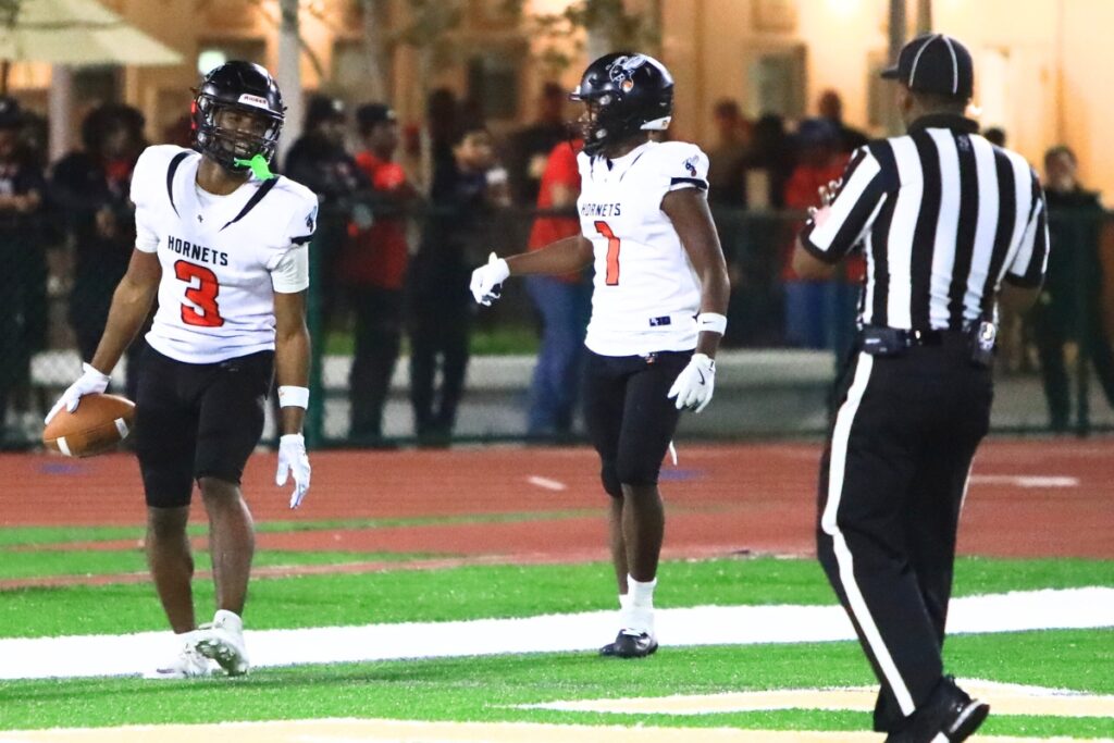 Hawthorne's Dominick Harvey (3) with a fourth-quarter touchdown reception against Blountstown in the FHSAA Rural State Championship game. Photo by C.J. Gish
