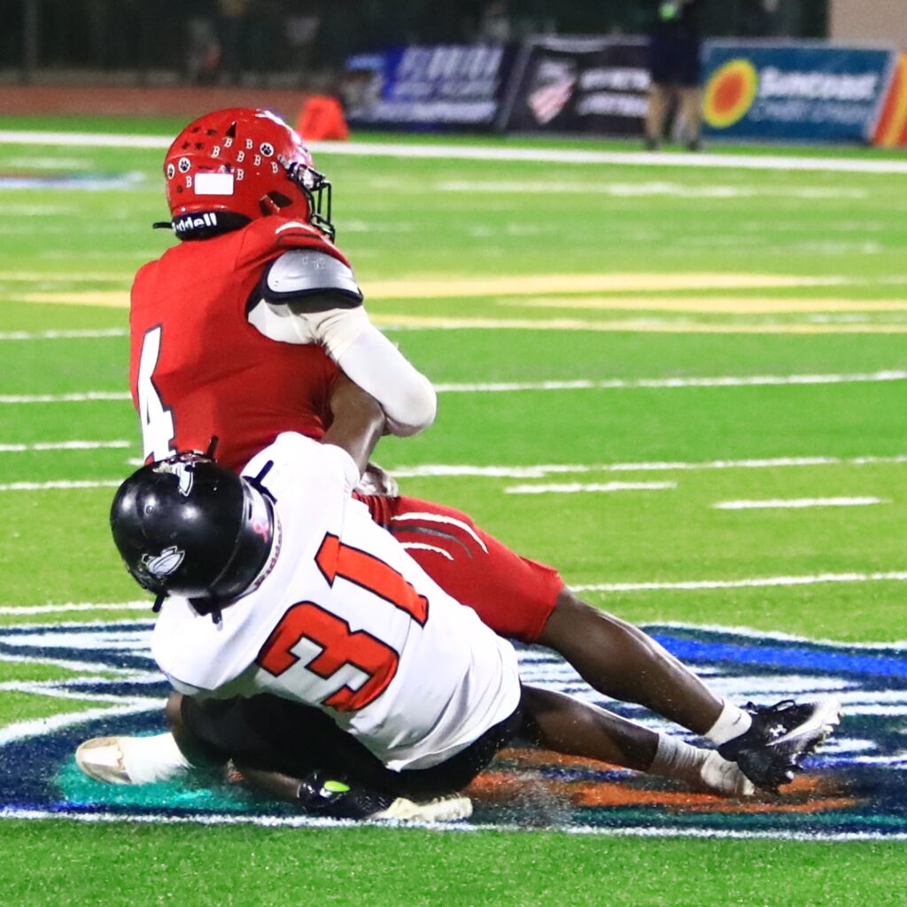 Hawthorne's Kevin Golden (31) with a first-half tackle against Blountstown in the FHSAA Rural State Championship game. Photo by C.J. Gish