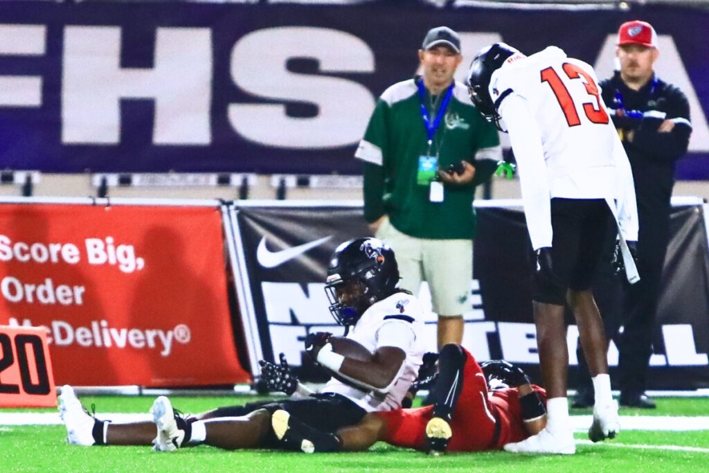 Hawthorne's Nathan Jennings (2) with a fourth-quarter interception against Blountstown in the FHSAA Rural State Championship game. Photo by C.J. Gish