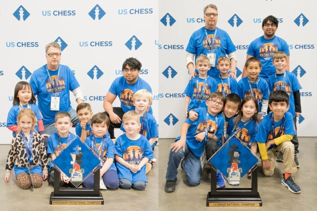 Oak Hall School's first grade (left) and kindergarten chess teams pose around their trophies.