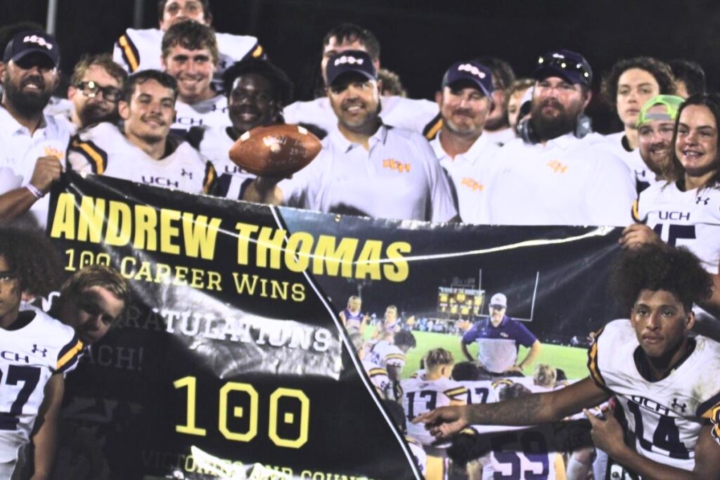 Union County coach Andrew Thomas earned his 100th win with a 28-12 victory at Dixie County on Oct. 8, 2021. Photo by C.J. Gish