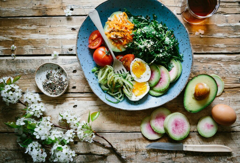 plate of food on wooden background