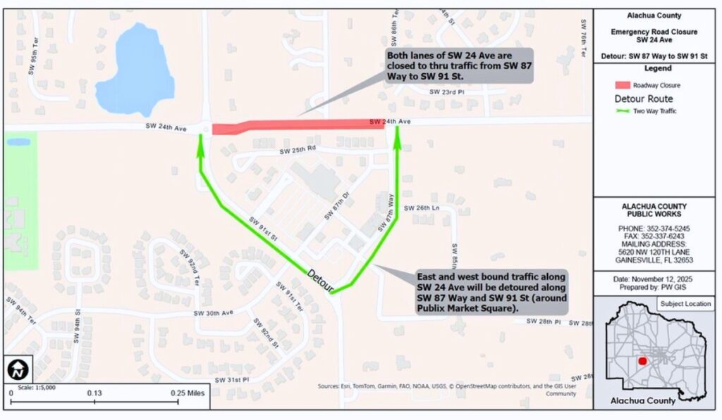 Alachua County Public Works Department will temporarily close a portion of SW 24th Avenue, between SW 91st Street and SW 87th Way, to repair a sinkhole beneath the pedestrian path.